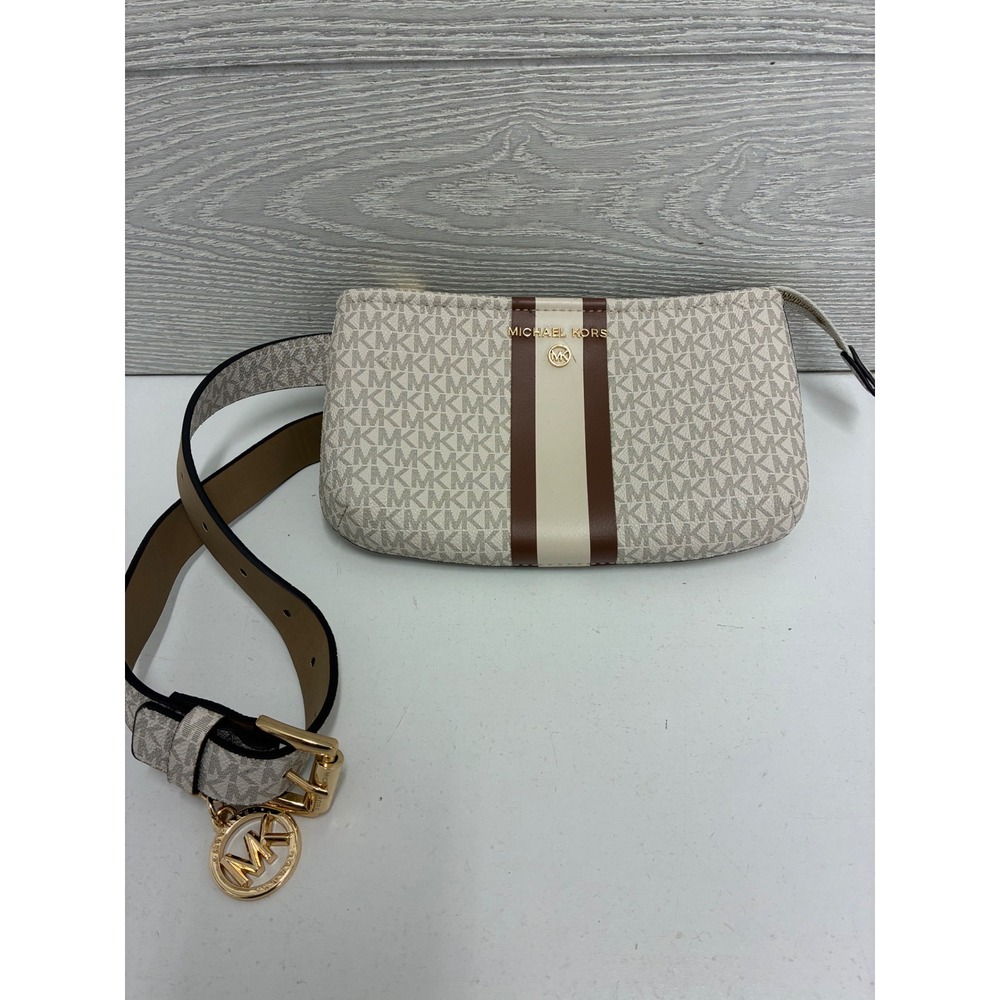 Michael Kors Signature Logo Belt Bag Waist Pack White Brown 556203 S/M